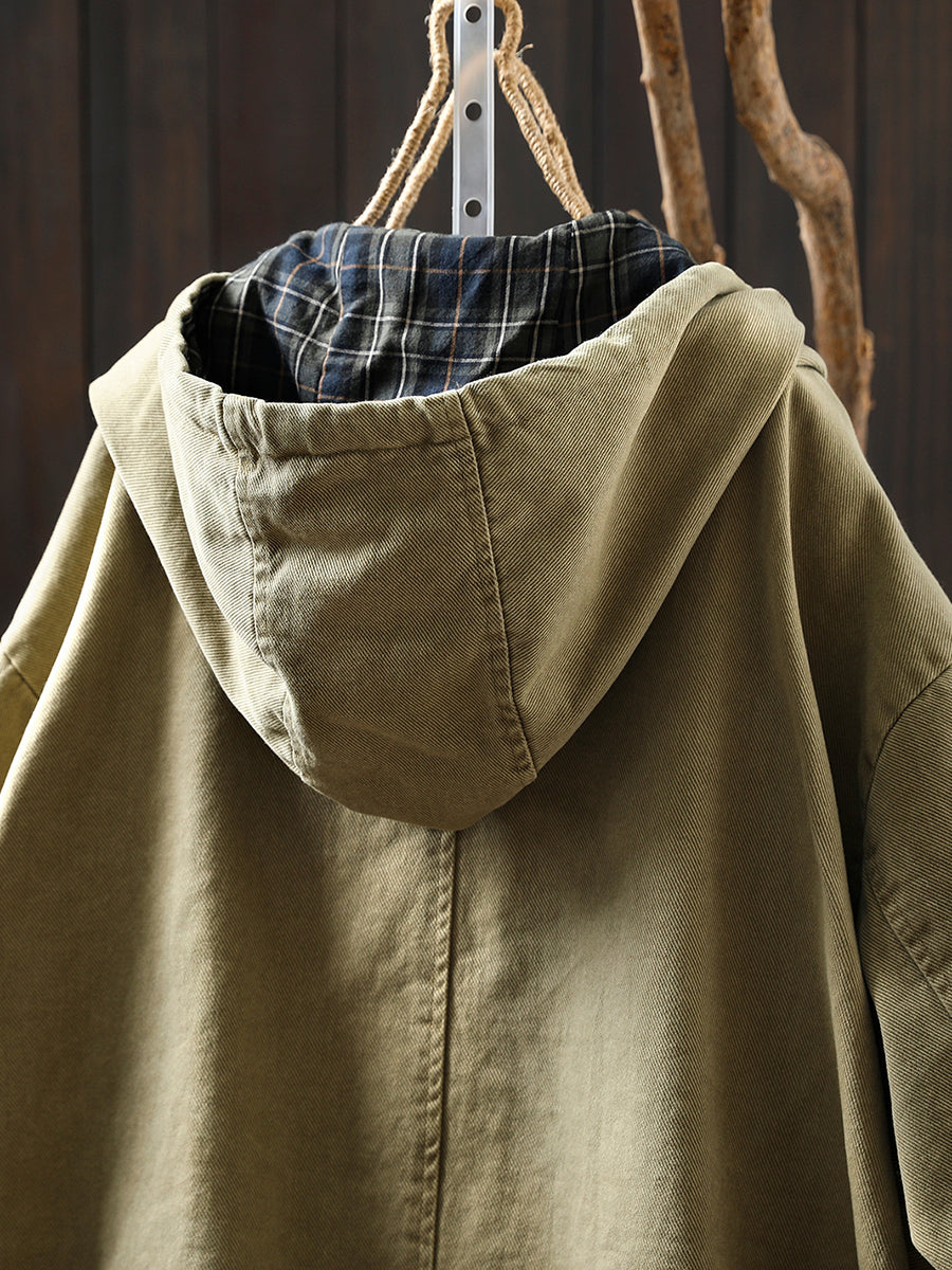 Women's Autumn Plaid Split Cotton Cardigan with Hood