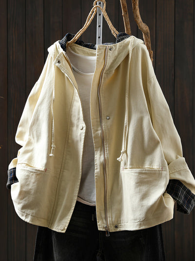 Women's Autumn Plaid Split Cotton Cardigan with Hood