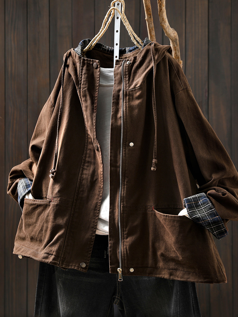 Women's Autumn Plaid Split Cotton Cardigan with Hood