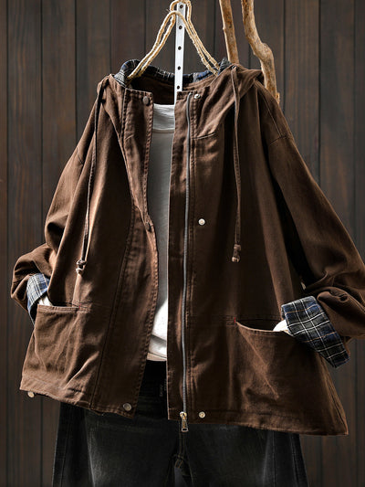 Women's Autumn Plaid Split Cotton Cardigan with Hood