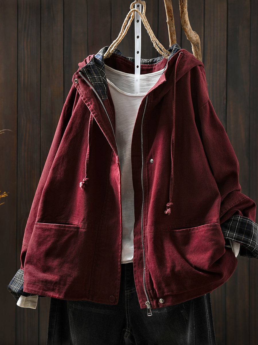 Women's Autumn Plaid Split Cotton Cardigan with Hood