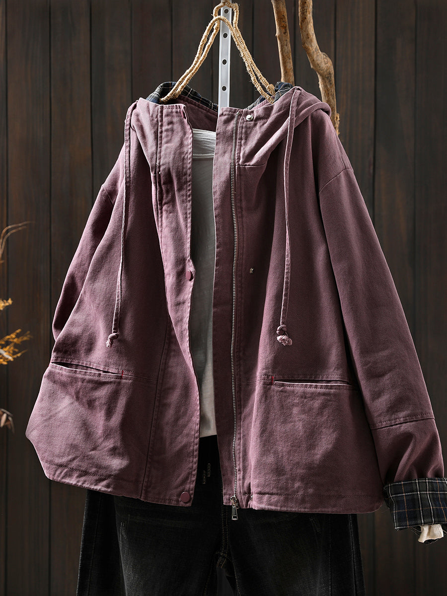 Women's Autumn Plaid Split Cotton Cardigan with Hood