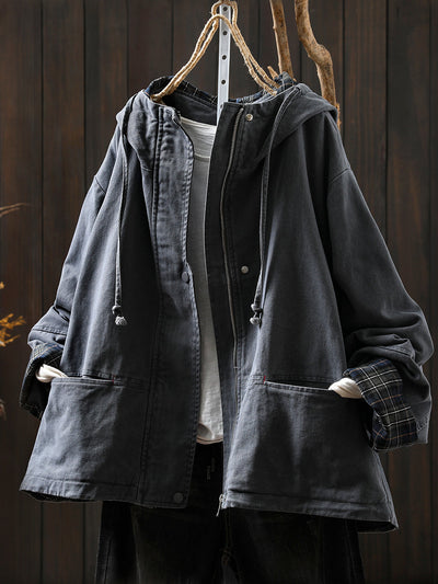 Women's Autumn Plaid Split Cotton Cardigan with Hood