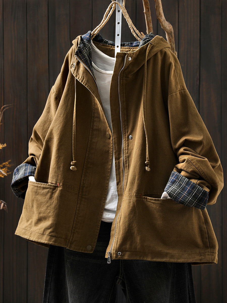 Women's Autumn Plaid Split Cotton Cardigan with Hood