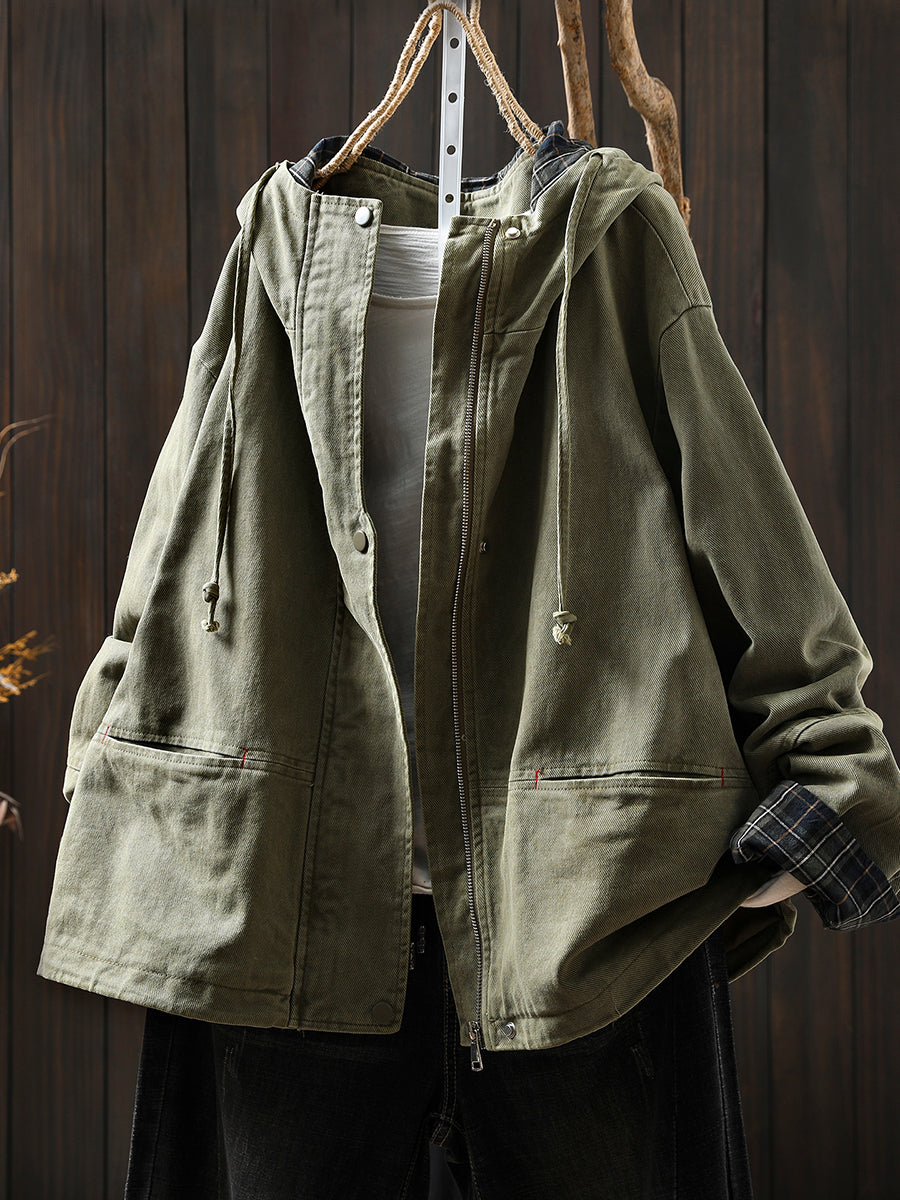 Women's Autumn Plaid Split Cotton Cardigan with Hood