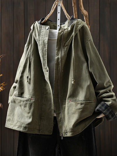 Women's Autumn Plaid Split Cotton Cardigan with Hood