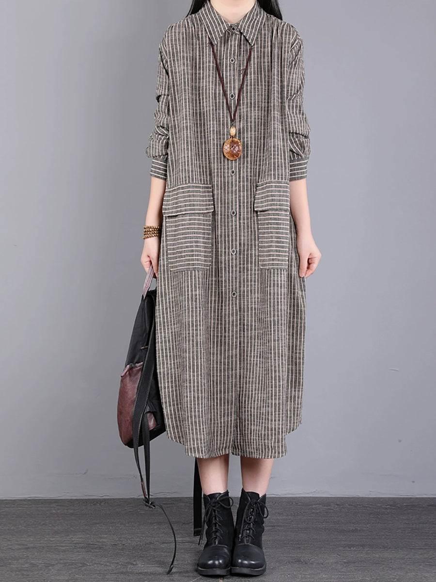 Women's Fall Dress with Wrap Collar and Striped Pattern Made of 100% Cotton