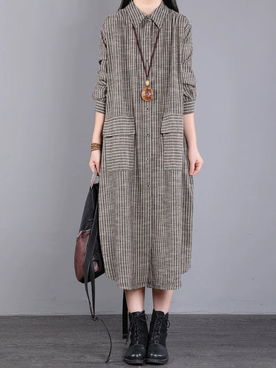 Women's Fall Dress with Wrap Collar and Striped Pattern Made of 100% Cotton