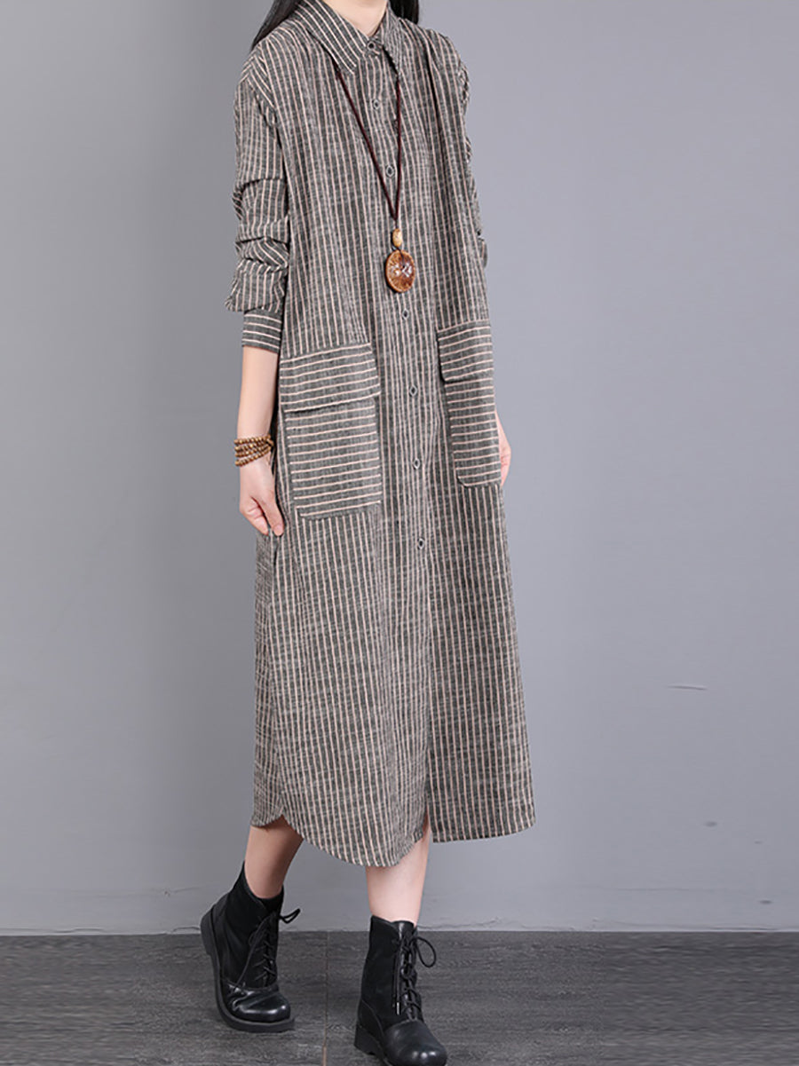 Women's Fall Dress with Wrap Collar and Striped Pattern Made of 100% Cotton