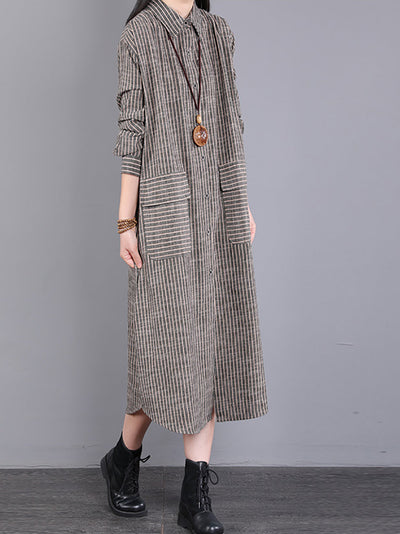 Women's Fall Dress with Wrap Collar and Striped Pattern Made of 100% Cotton