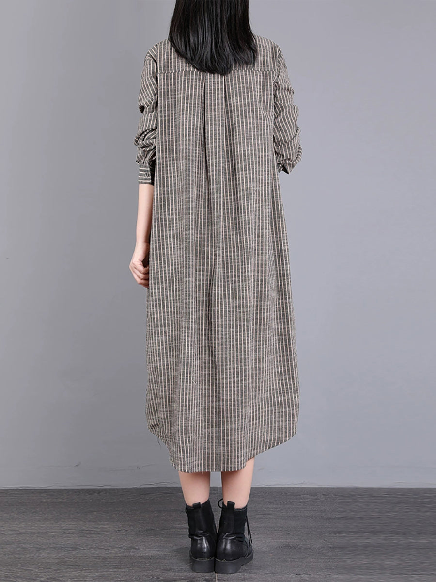 Women's Fall Dress with Wrap Collar and Striped Pattern Made of 100% Cotton