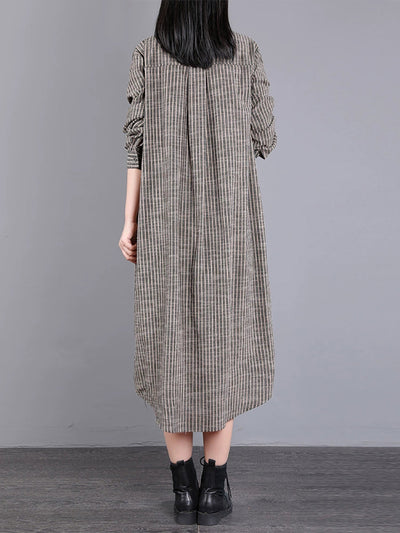 Women's Fall Dress with Wrap Collar and Striped Pattern Made of 100% Cotton