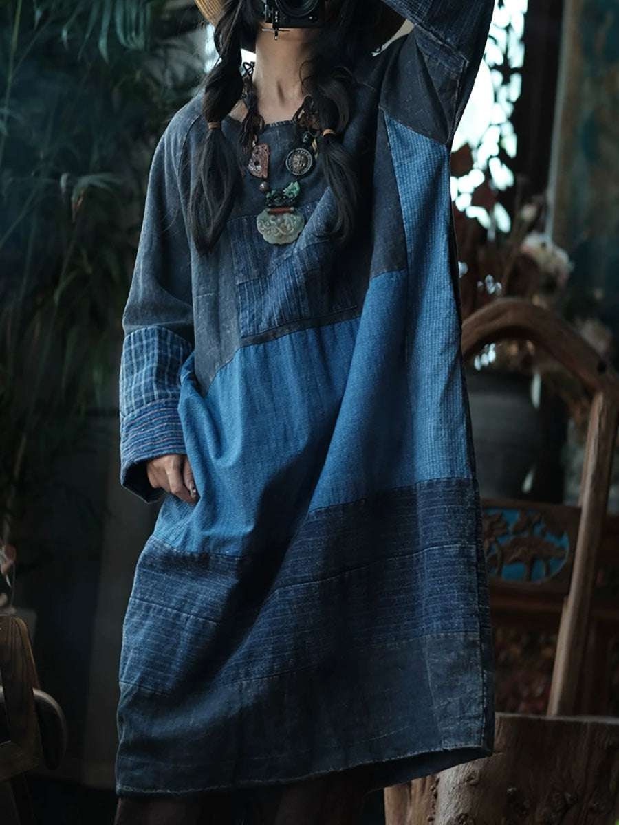 Women's Autumn Retro Patchwork Cotton O-neck Dress
