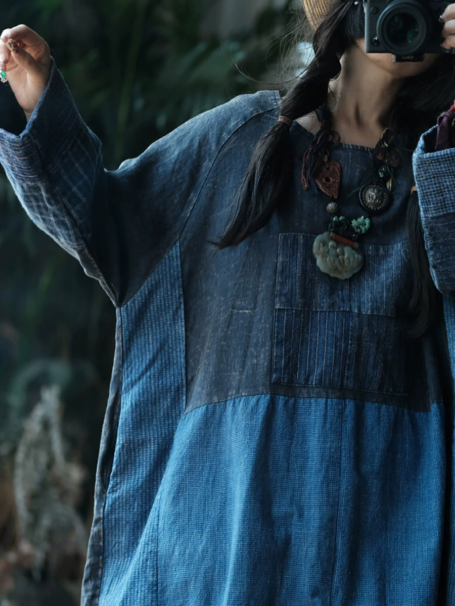 Women's Autumn Retro Patchwork Cotton O-neck Dress