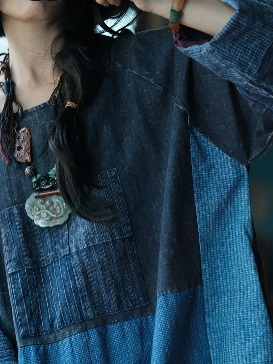 Women's Autumn Retro Patchwork Cotton O-neck Dress