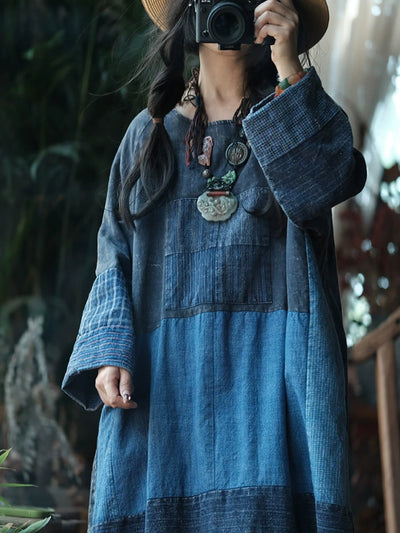 Women's Autumn Retro Patchwork Cotton O-neck Dress