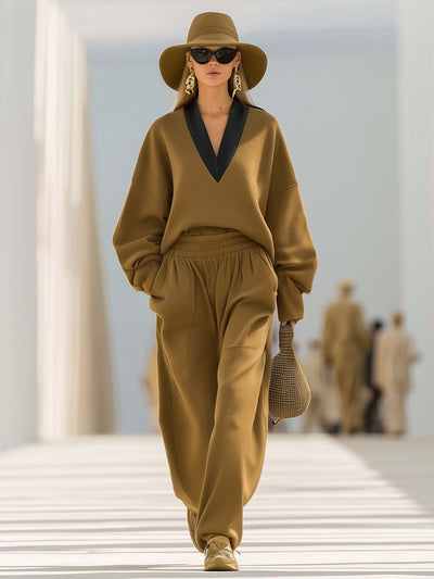 Classic Simple And Fashionable Camel Wool Contrast Color V-neck Pullover Top And Pants Set