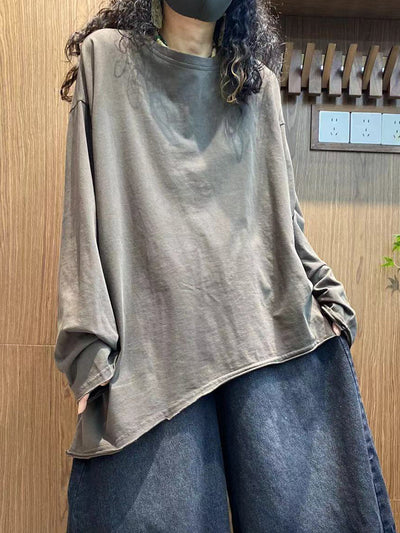 Women's Autumn Casual Solid Color 100% Cotton O-neck Shirt