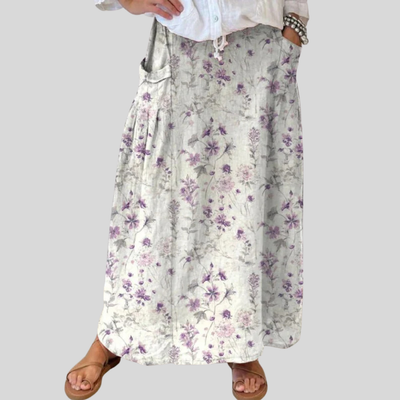 Women's Vintage Floral Art Linen Elastic waistband Pocket Skirt