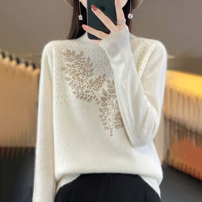 Knitted sweater with leaf pattern