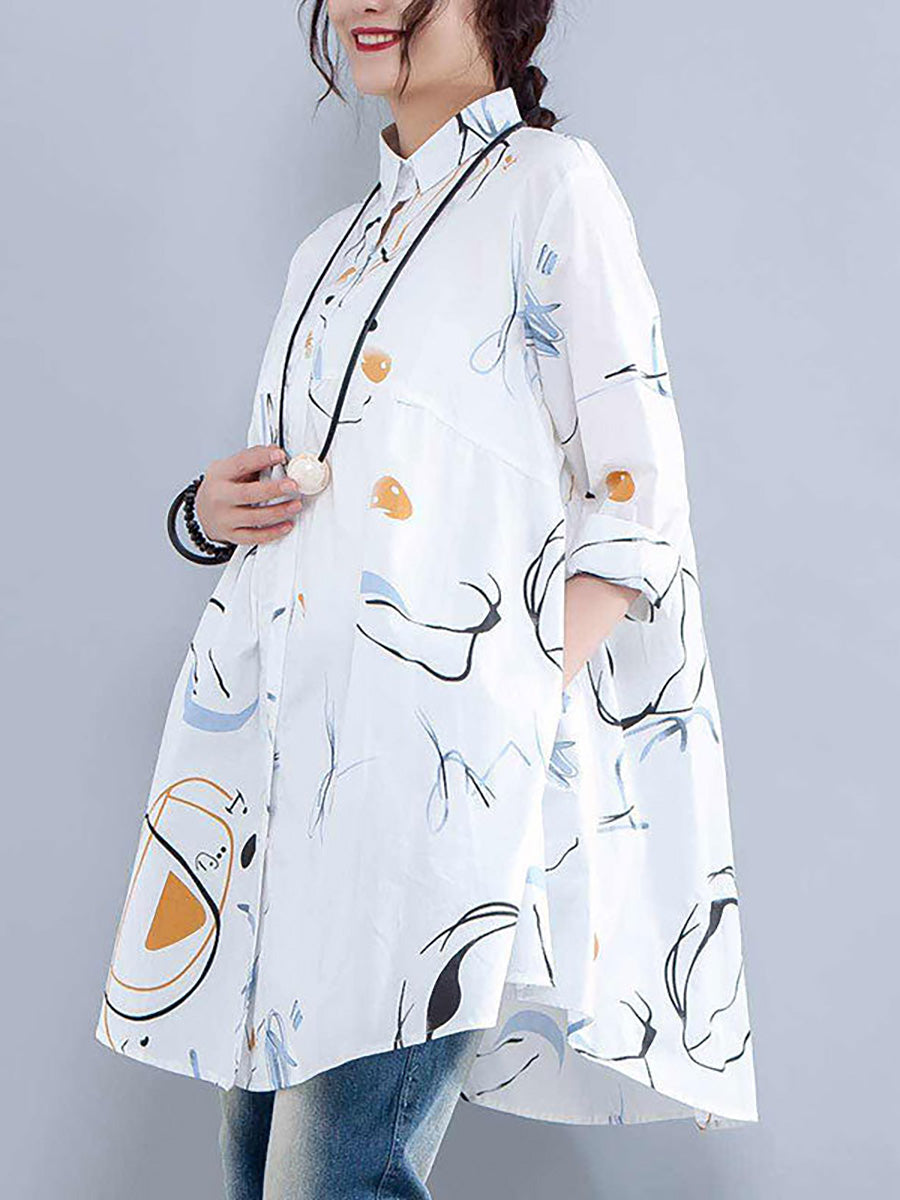 Plus Sizes - Polo Shirt with Single Row of Buttons and Print