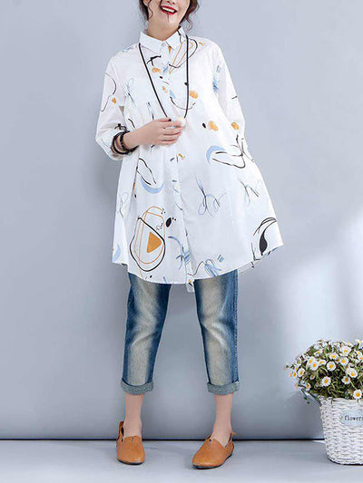 Plus Sizes - Polo Shirt with Single Row of Buttons and Print