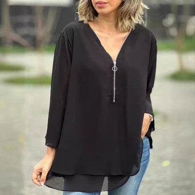 Hyacinth | V-Neck Flowy Zipped Top