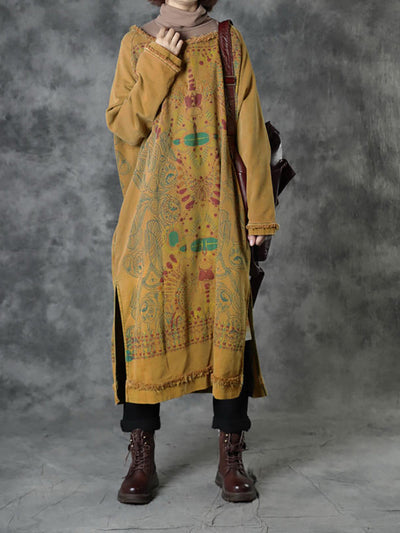 Women's Vintage Autumn Floral Button Linen Dress