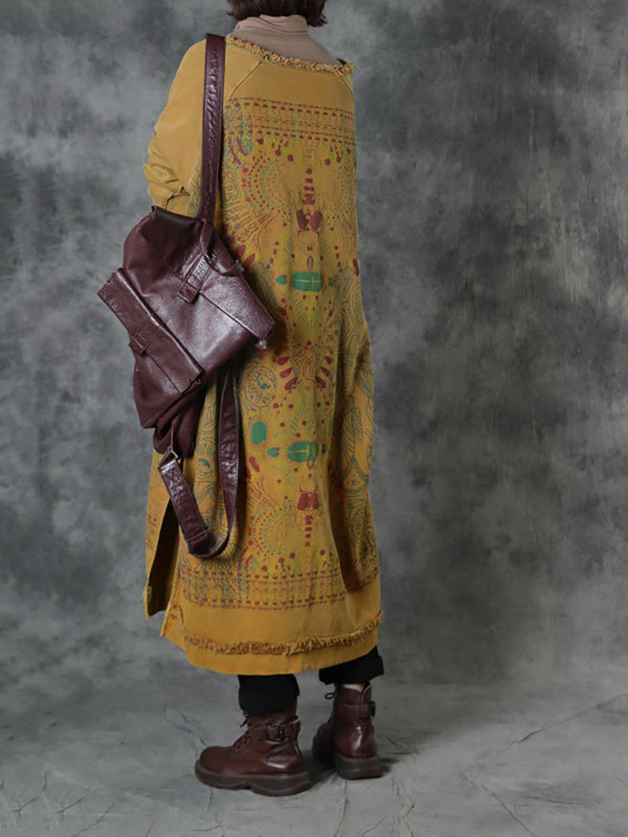 Women's Vintage Autumn Floral Button Linen Dress