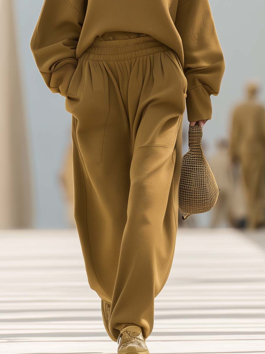 Classic Simple And Fashionable Camel Wool Contrast Color V-neck Pullover Top And Pants Set