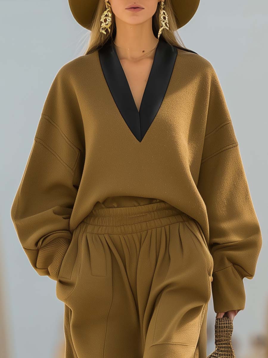Classic Simple And Fashionable Camel Wool Contrast Color V-neck Pullover Top And Pants Set