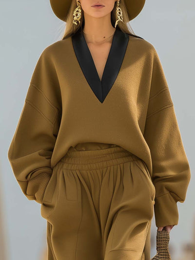 Classic Simple And Fashionable Camel Wool Contrast Color V-neck Pullover Top And Pants Set