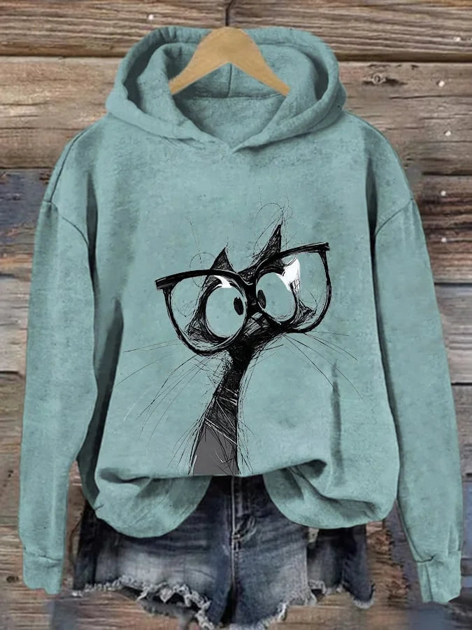 Women's Artistic Hand-Painted Animal Cat Print Hoodie