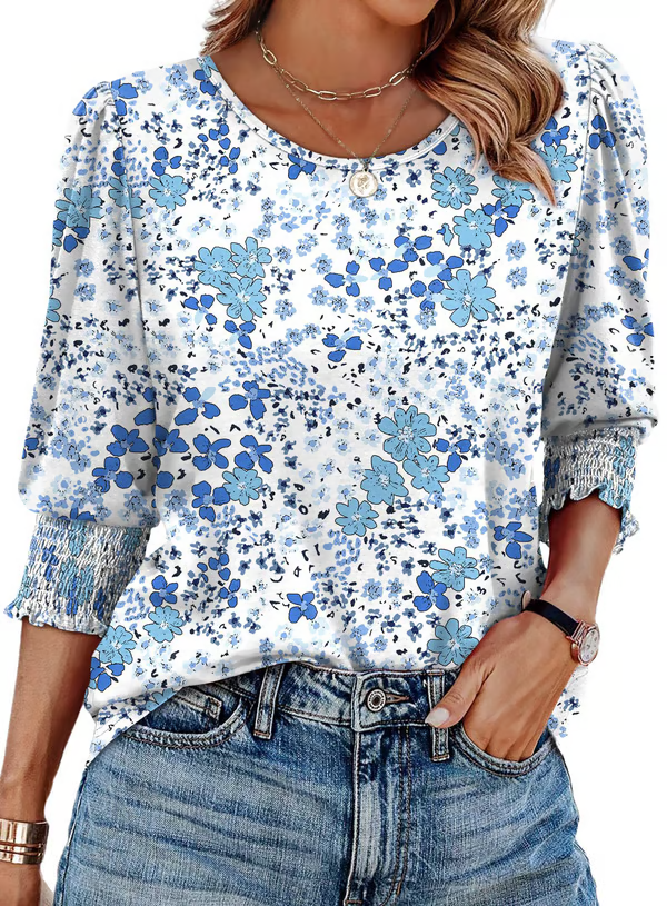 Hazel | Printed Charm Top  Blue Flowers