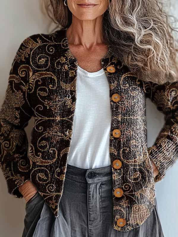 Elara Chic Bronze Brocade Cardigan