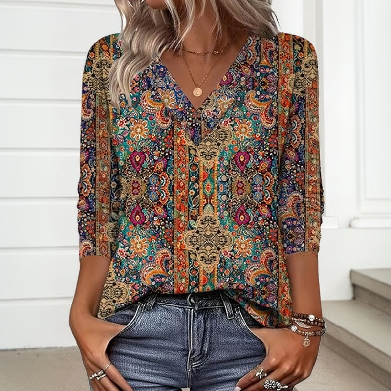 Long Sleeve Vintage Ethnic Printed T-Shirt