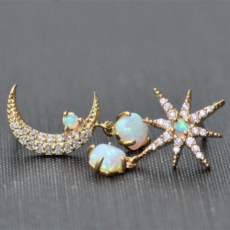 Opal and Gold Moon & Star Earrings