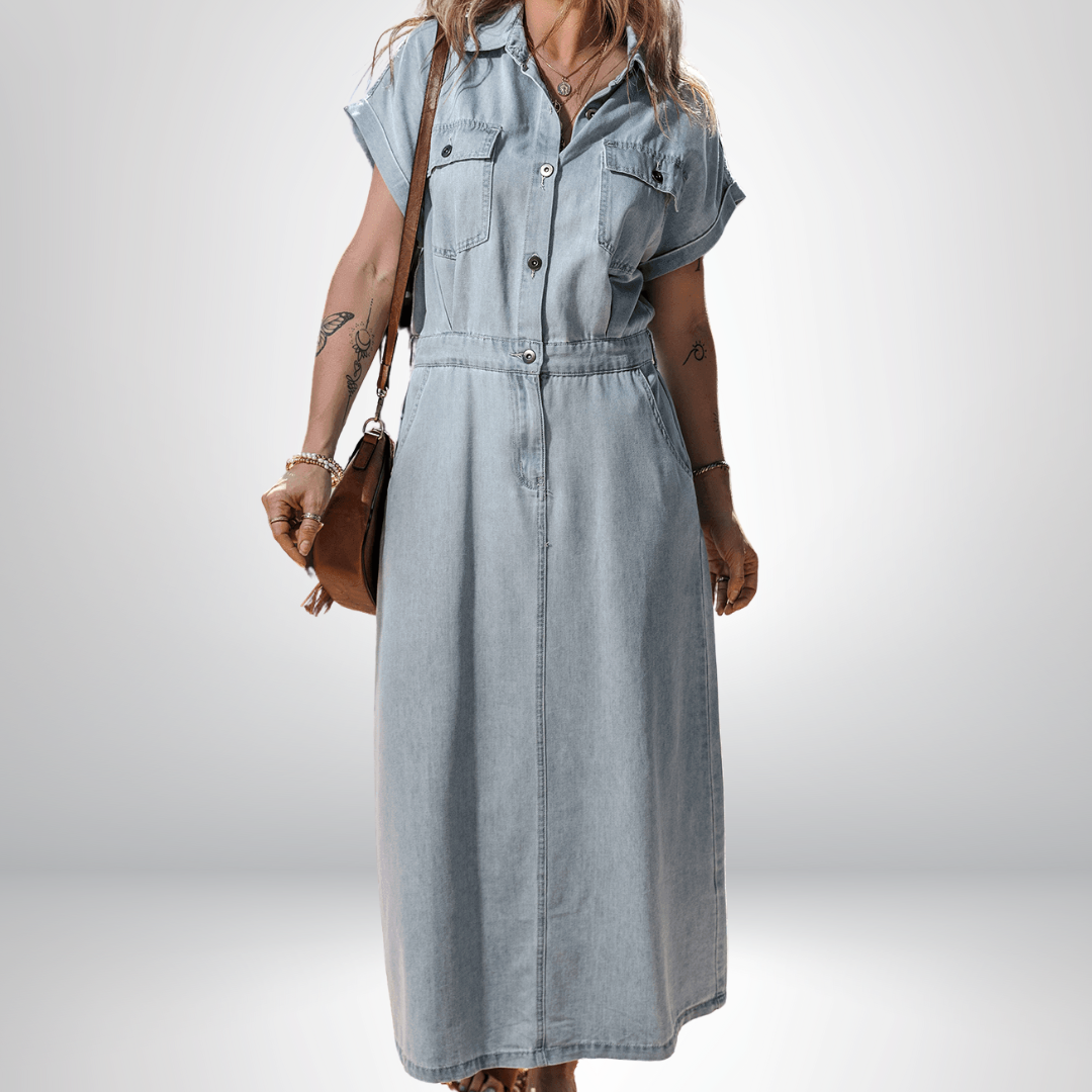 Elegant Denim Dress with Short Batwing Sleeves