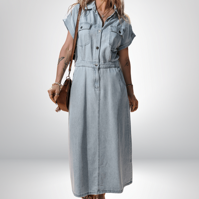 Elegant Denim Dress with Short Batwing Sleeves