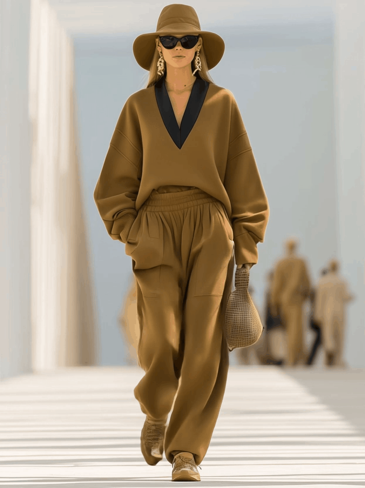 Classic Simple And Fashionable Camel Wool Contrast Color V-neck Pullover Top And Pants Set