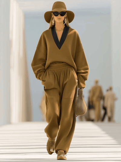 Classic Simple And Fashionable Camel Wool Contrast Color V-neck Pullover Top And Pants Set