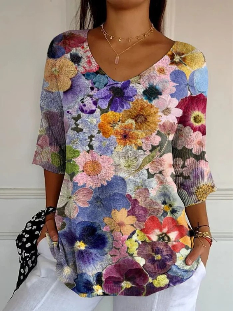 Women's Vintage Lovely Floral Art Print Casual Pullover Knit