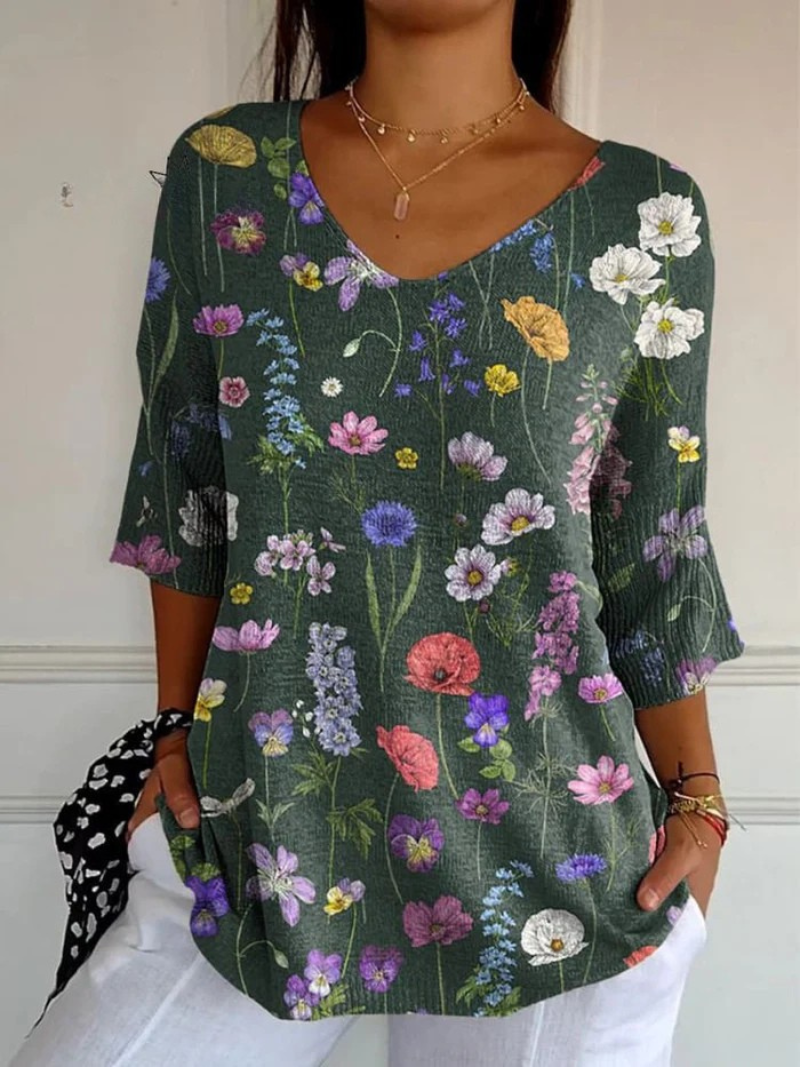 Vibrant Spring Botanical Garden Pattern Printed Women's Casual Pullover Knit