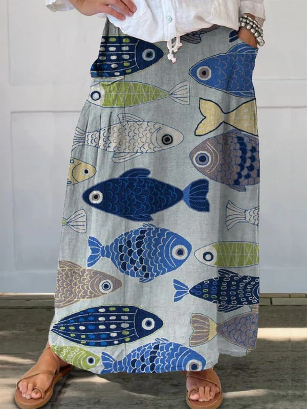 Women's Vintage Lovely Fish Art Print Linen Pocket Skirt