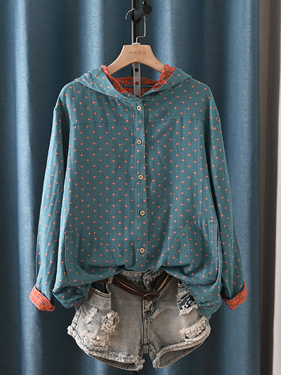 Women's Autumn Vintage Plaid Hooded Shirt Made of 100% Cotton