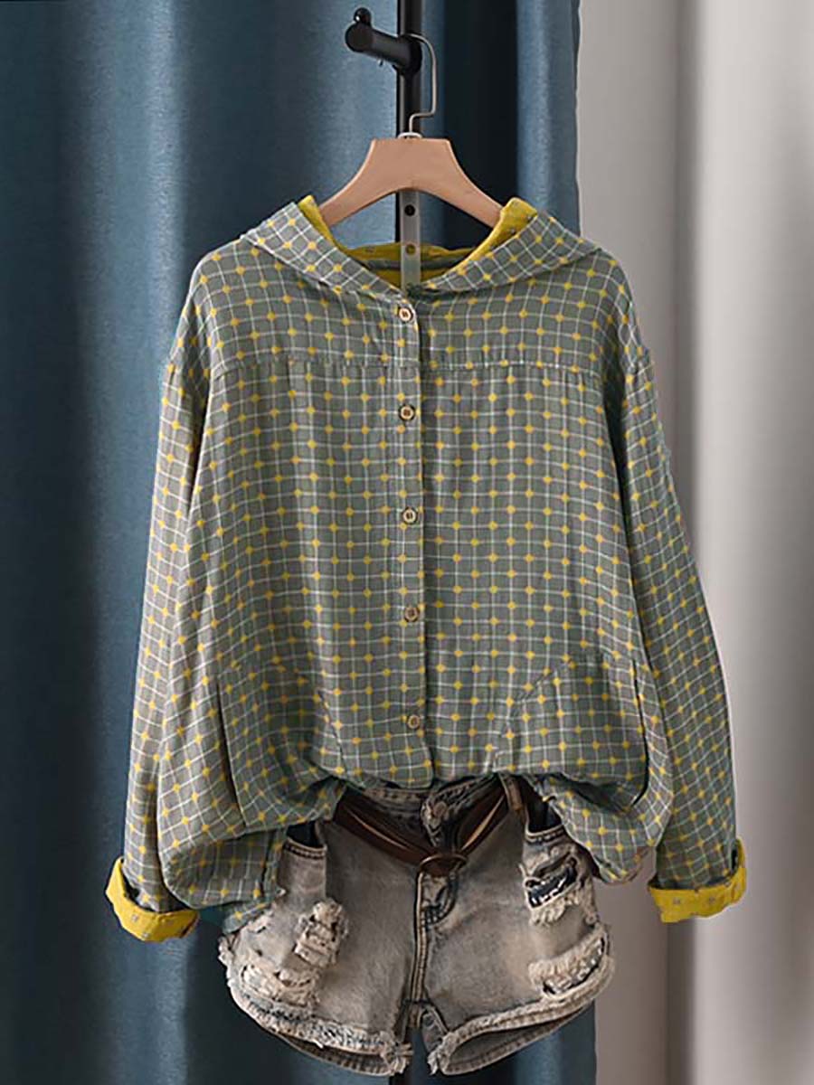 Women's Autumn Vintage Plaid Hooded Shirt Made of 100% Cotton