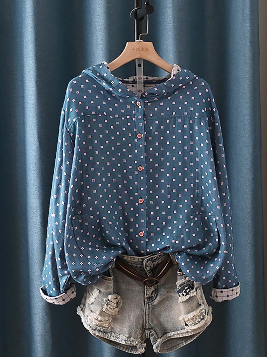 Women's Autumn Vintage Plaid Hooded Shirt Made of 100% Cotton