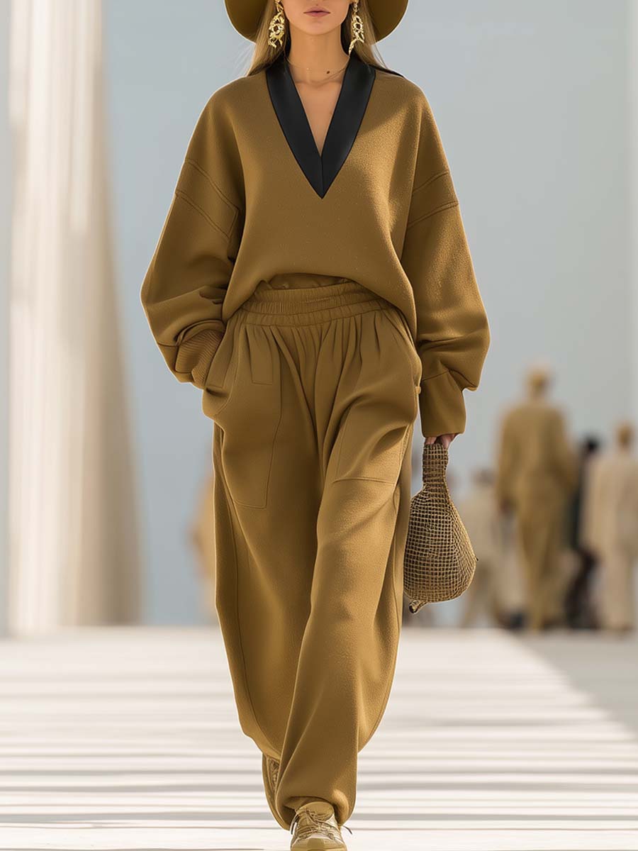 Classic Simple And Fashionable Camel Wool Contrast Color V-neck Pullover Top And Pants Set