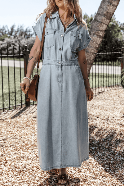 Elegant Denim Dress with Short Batwing Sleeves