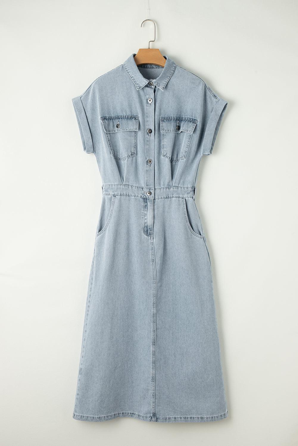 Elegant Denim Dress with Short Batwing Sleeves
